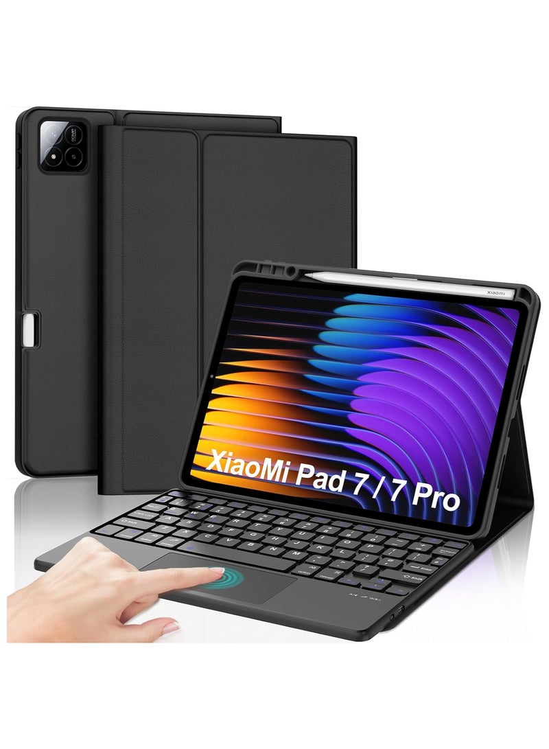 حافظة لوحة المفاتيح لجهاز Xiaomi Mi Pad 7 / Pad 7 Pro غطاء جلد PU رفيع للغاية لوحة مفاتيح بلوتوث قابلة للفصل مع لوحة لمس بحروف عربية وإنجليزية وحامل قلم لجهاز Xiaomi Pad 7 / Pad 7 Pro - Image 1